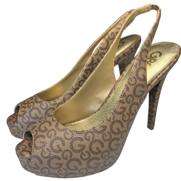 GBG Los Angeles Sophia Slingback Platform Heels Brown Gold Monogram Size 7.5 - Picture 3 of 13